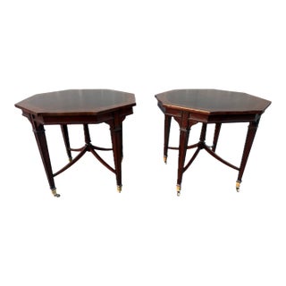 Late 20th Century Pair of English Regency Style Inlaid Octagon Side Tables With Casters For Sale