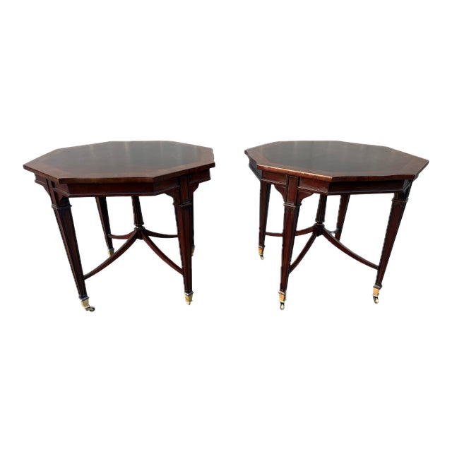 Late 20th Century Pair of English Regency Style Inlaid Octagon Side Tables With Casters For Sale