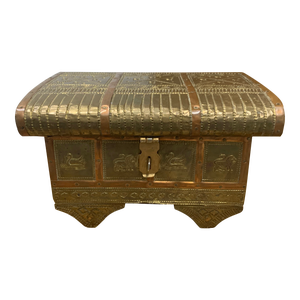 Vintage Hammered & Tooled Brass Casket With Copper Accents