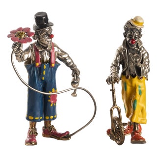 Italian Clowns in Enamelled Sterling Silver from Sorini, Italy, 1970s, Set of 2 For Sale