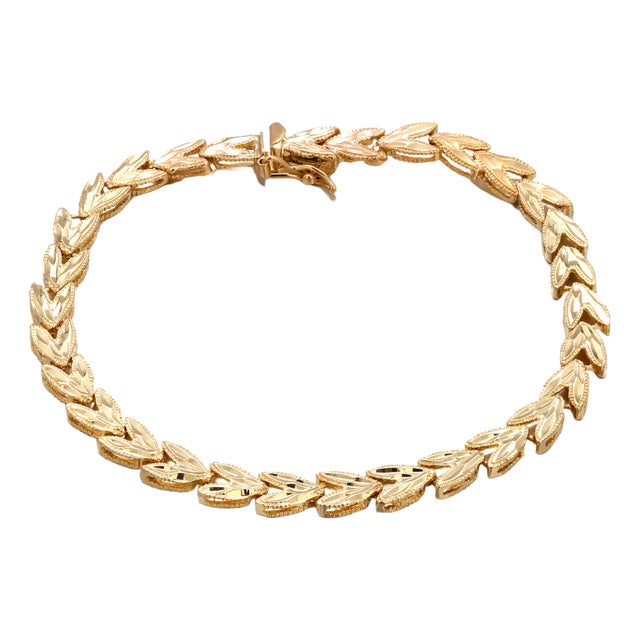 14k Yellow Gold Leaf Motif Stacking 7.5" Bracelet Etched Reflective Accents For Sale
