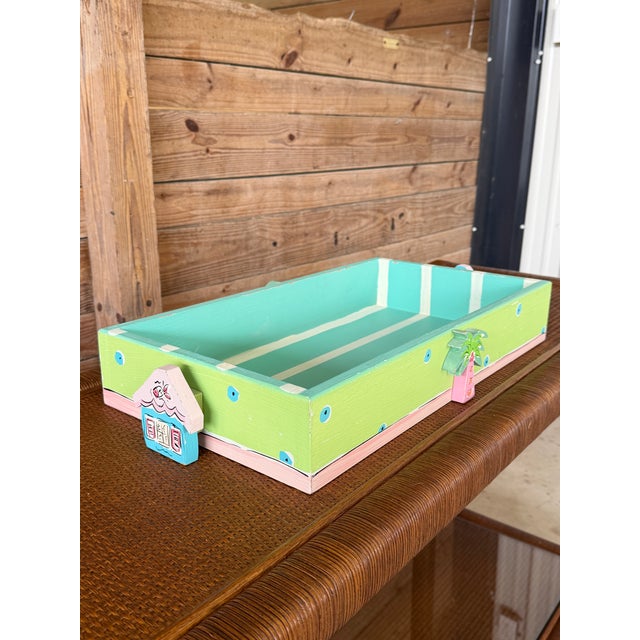 Coastal Folk Art Painted Wood Tray With Palm Tree Accent For Sale - Image 4 of 10