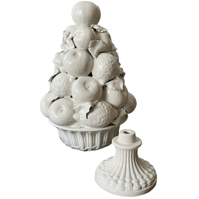 1960s Vintage Italian White Majolica Trompe-L’œil Fruit Topiary in Two-Piece Urn, 16.5" For Sale - Image 5 of 10