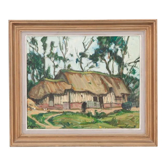 Vintage French Oil on Board Framed Painting of a Cottage For Sale
