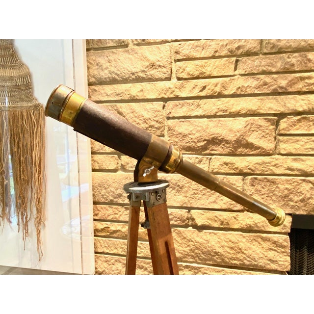 Vintage Brass & Leather Telescope With Adjustable Wooden Tripod Base For Sale - Image 4 of 6