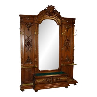 Mid-19th Century French Oak Hall Tree With Mirror & Elegantly Hand Carved Details For Sale