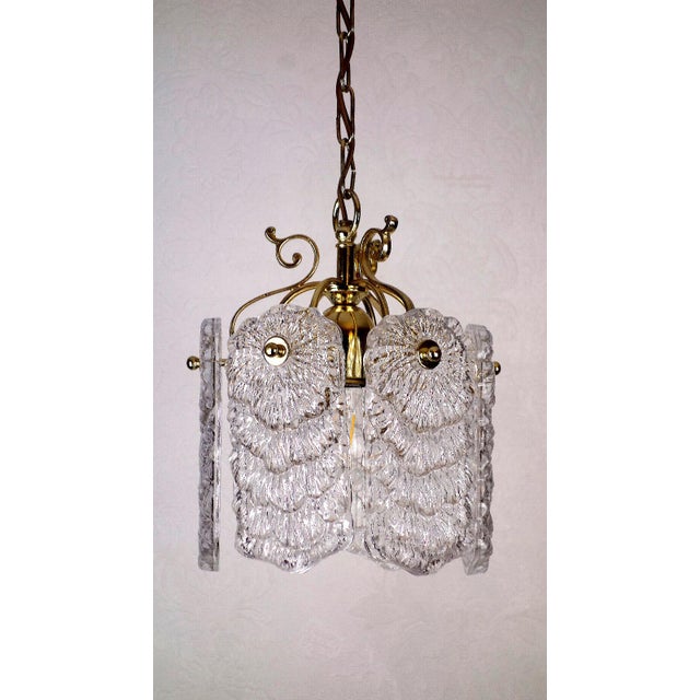 Mid-Century Modern Antique Brass Metal Frosted Glass Single-Light Chandelier, 1990s For Sale - Image 3 of 8