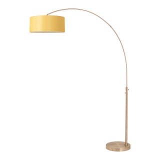 1960s Float Brass Floor Lamp - 92" Modern Arc Lamp, Mustard Linen Drum Shade, Dimmable, Living Room Lamp For Sale