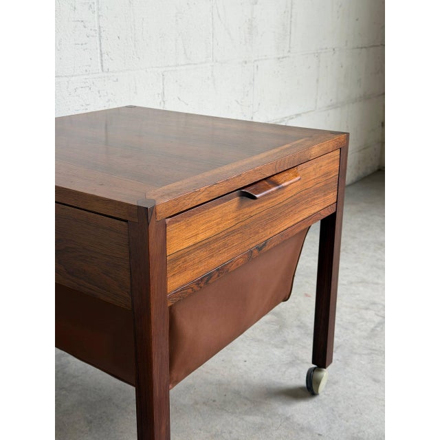 Rosewood Sewing Table Side End Nightstand With Drawer and Rolling Wheels Denmark 1960s For Sale In Los Angeles - Image 6 of 9