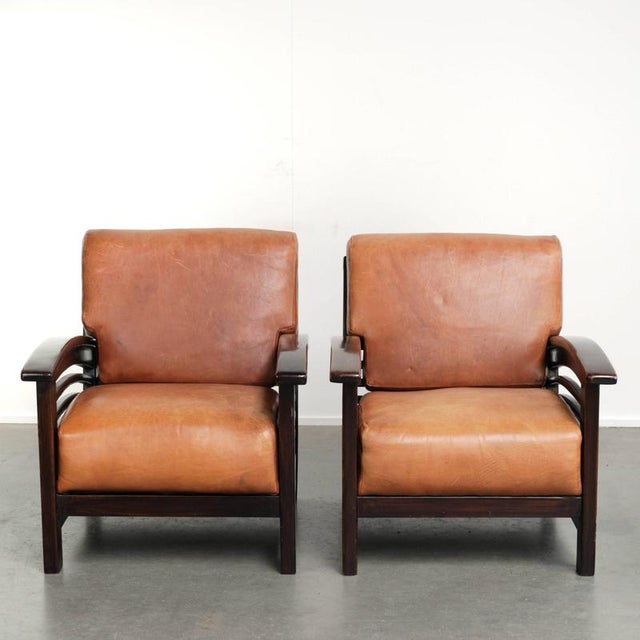 20th Century Art Deco Cognac-Colored Cowhide Lounge Chairs, Set of 2 For Sale - Image 14 of 14