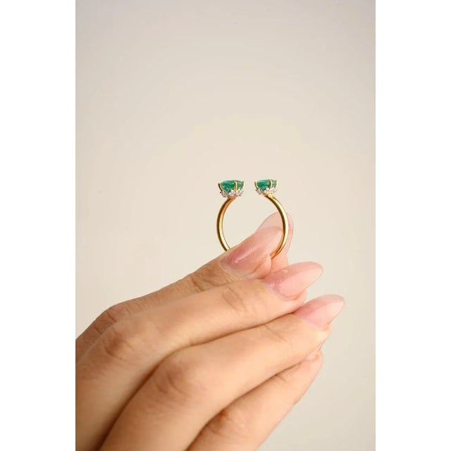 Not Yet Made - Made To Order Genuine Two Stone Emerald Toi Et Moi Open Ring in 14k Solid Yellow Gold Size 7 For Sale - Image 5 of 9