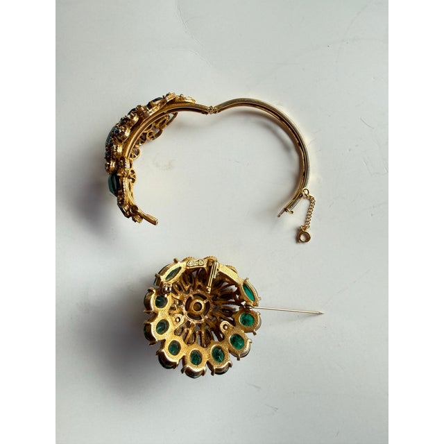 Vintage Signed Capri Demi-Parure – Multi-Layer Rhinestone Floral Dome Brooch/Pendant & Matching Hinged Cuff Bracelet For Sale In Seattle - Image 6 of 12