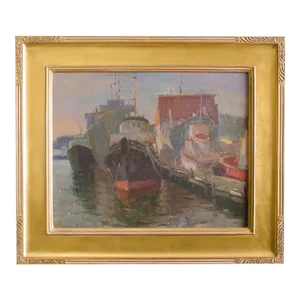 Vintage Framed Original Oil Painting on Canvas of Boats Docking at Harbor by Plein Air Artist Ovanes Berberian Art Wall Hanging