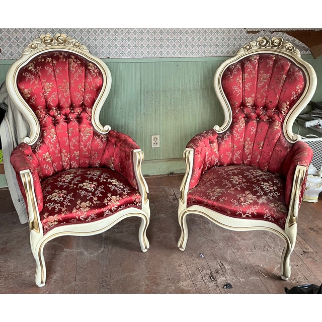 Mid 20th Century 3-Piece Victorian Rococo Revival Style Parlor Suite — Carved Cream & Gold Frames, Burgundy Brocade For Sale - Image 13 of 18