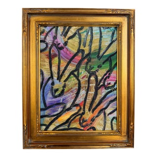 Hunt Slonem Wonderland Bunny Textile, in Gold Plein Air Frame For Sale