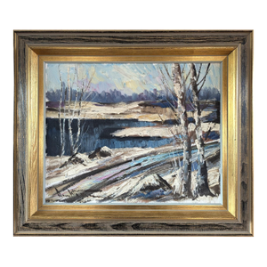 Mid-Century Modern 'Winter's Edge' Swedish Expressive Original Landscape Oil Painting, Framed