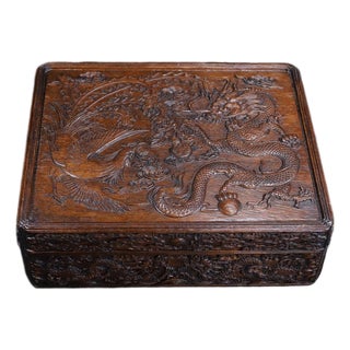 Vintage Chinese Huali Rosewood Box | Carved Dragon & Phoenix Motif Chest For Sale