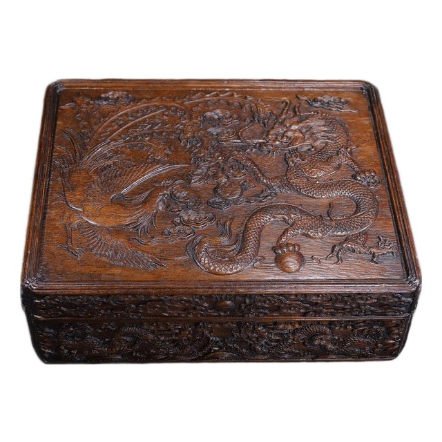 Vintage Chinese Huali Rosewood Box | Carved Dragon & Phoenix Motif Chest For Sale