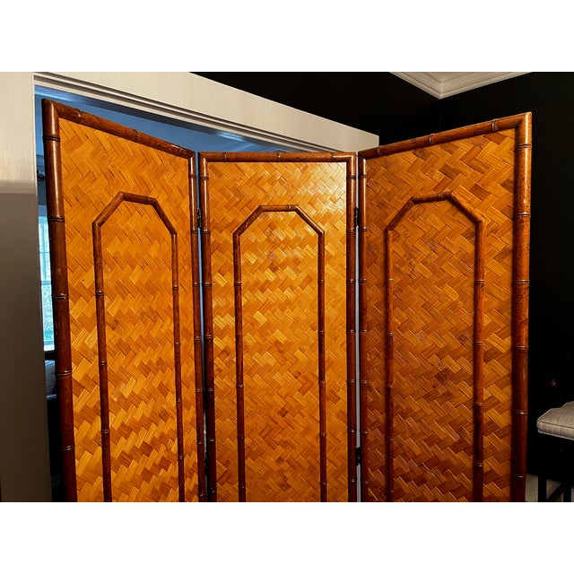 Mid 20th Century Mid 20th Century Bamboo and Woven Herringbone Rattan Folding Screen For Sale - Image 5 of 7