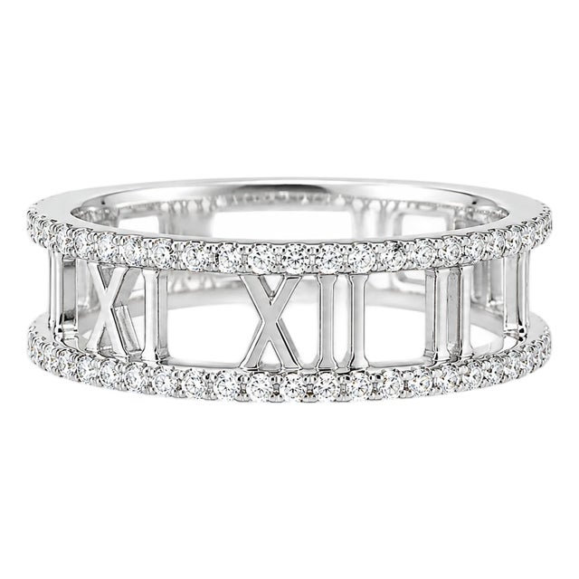 14K White Gold Diamond Roman Numeral Wedding Band Ring Estate For Sale