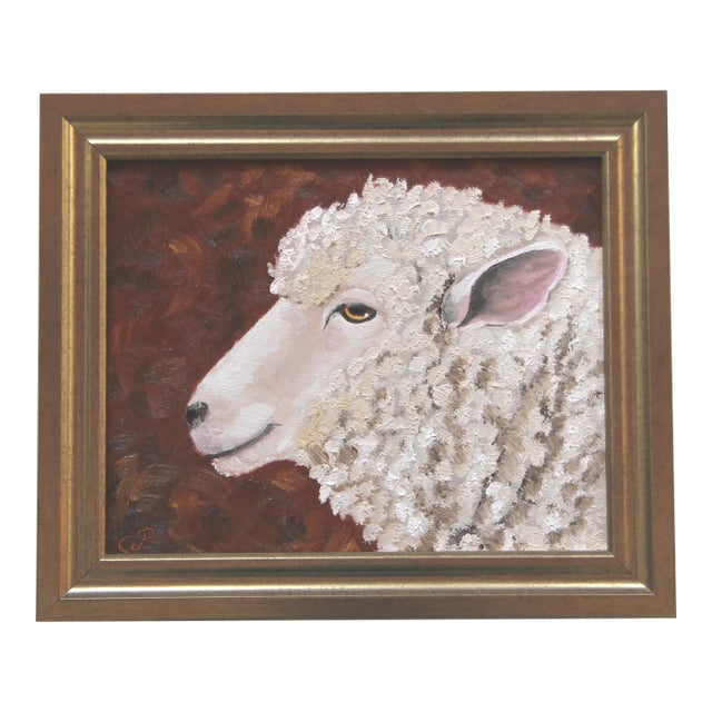 Sheep Portrait White Traditional English Impressionism Beige Burnt Orange Original Oil Painting by Cleo Plowden For Sale