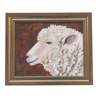 Sheep Portrait White Traditional English Impressionism Beige Burnt Orange Original Oil Painting Cleo Plowden For Sale