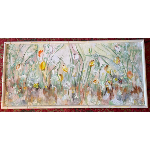 “Tiptoe Through the Tulips” | Large Vintage Floral Garden Painting in Faux Bamboo Frame | 50” For Sale - Image 4 of 12