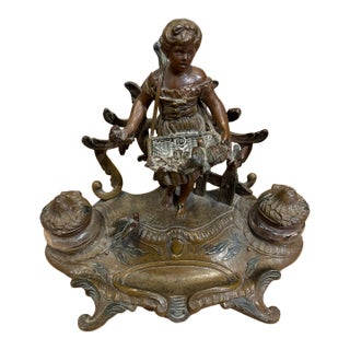 Antique French Art Nouveau Figural Double Inkwell For Sale
