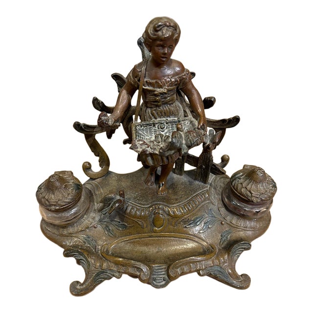 Antique French Art Nouveau Figural Double Inkwell For Sale