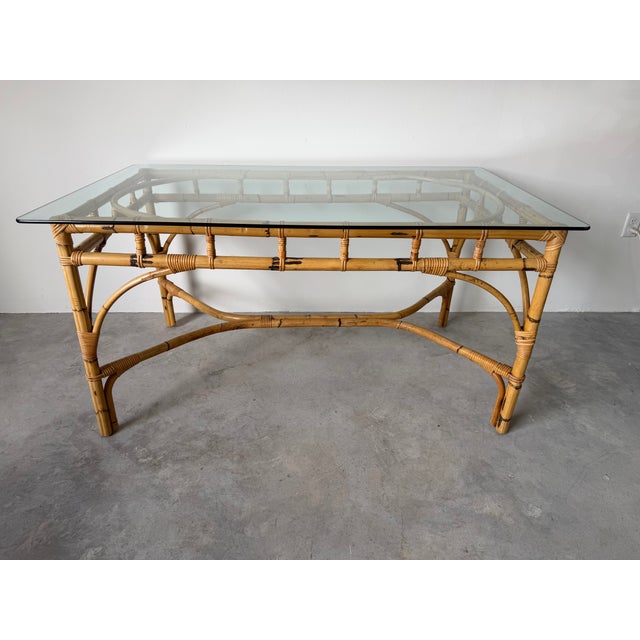 Italian Vintage Dal Vera Italian Rattan & Bamboo Rectangular Dining Table With Glass Top For Sale - Image 3 of 16