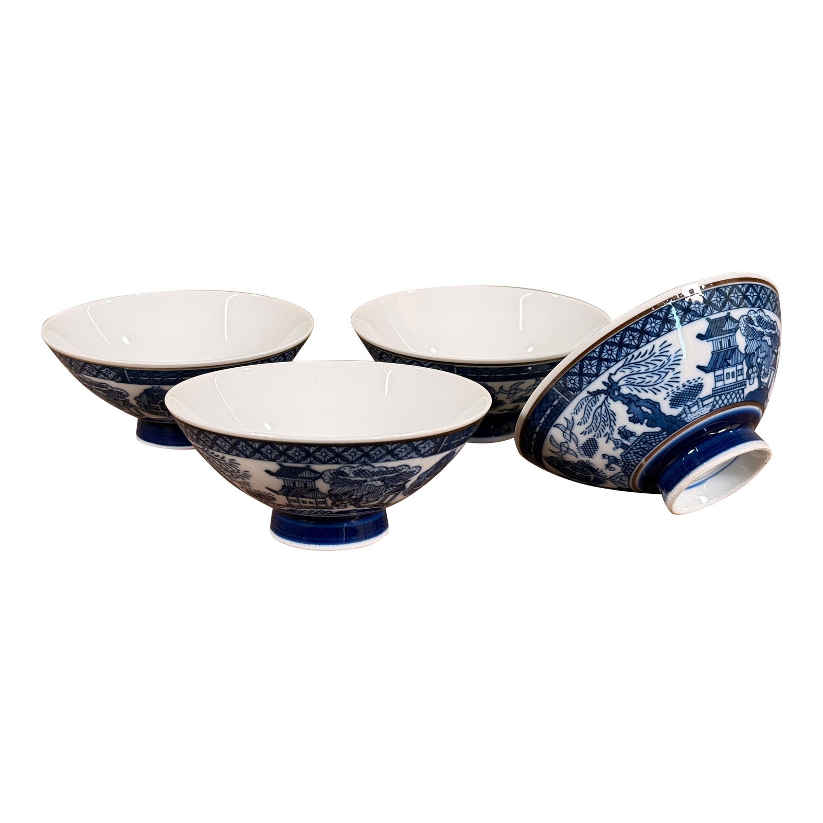 Vintage Japanese Porcelain Rice Bowls Chinoiserie Blue Willow Pattern - Set of 4
