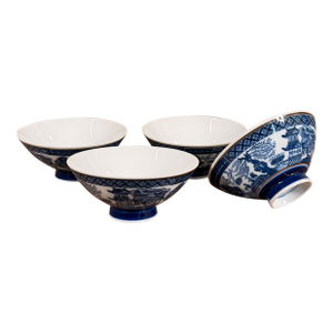 Vintage Japanese Porcelain Rice Bowls Chinoiserie Blue Willow Pattern - Set of 4