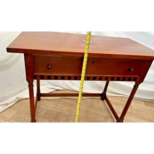 Wood Vintage Writing Table, Desk, Large Drawer, Checkerboard Inlay, Sheraton Style For Sale - Image 7 of 12