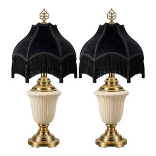Vintage Neoclassical Cream Urn Lamps With Midnight Black Velvet Fringe Shades - a Pair For Sale