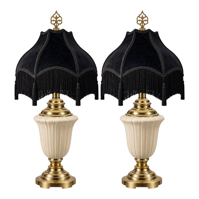 Vintage Neoclassical Cream Urn Lamps With Midnight Black Velvet Fringe Shades - a Pair For Sale