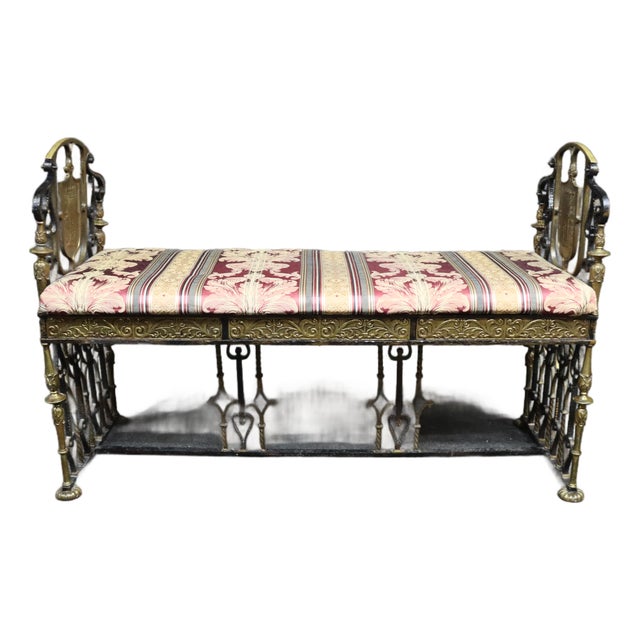 Oscar Bach Attributed Gilt Bronze and Wrought Iron Upholstered Bench For Sale