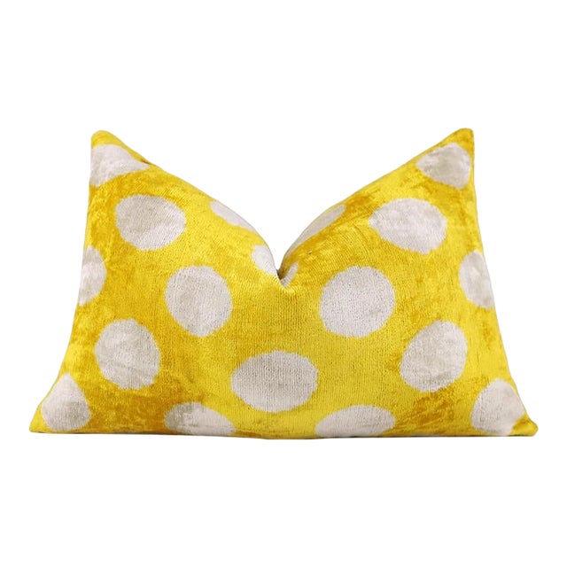 Luxury Silk Velvet Pillow 16x24 – Handmade Yellow Polka Dot Lumbar Cushion For Sale