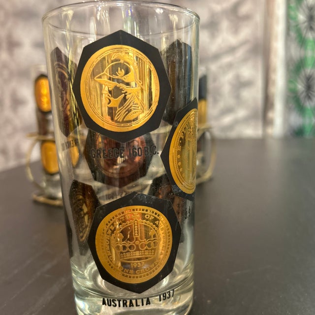 Metal 1950s Vintage Coins Around the World Highball Glasses in Original Brass Caddy 7 Pieces Total For Sale - Image 7 of 10
