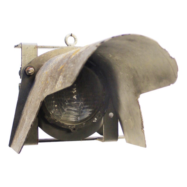 French Train Lamp Grey Metal Holophane Glass Spotlight by SNCF Railroad Company For Sale