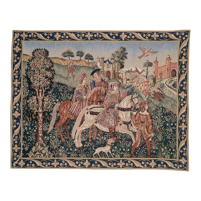 Departure for the Hunt (Blue Border) Loom Woven Tapestry - 62 X 81 Cm (2'1" X 2'8") - Requires Rod Size 2 For Sale
