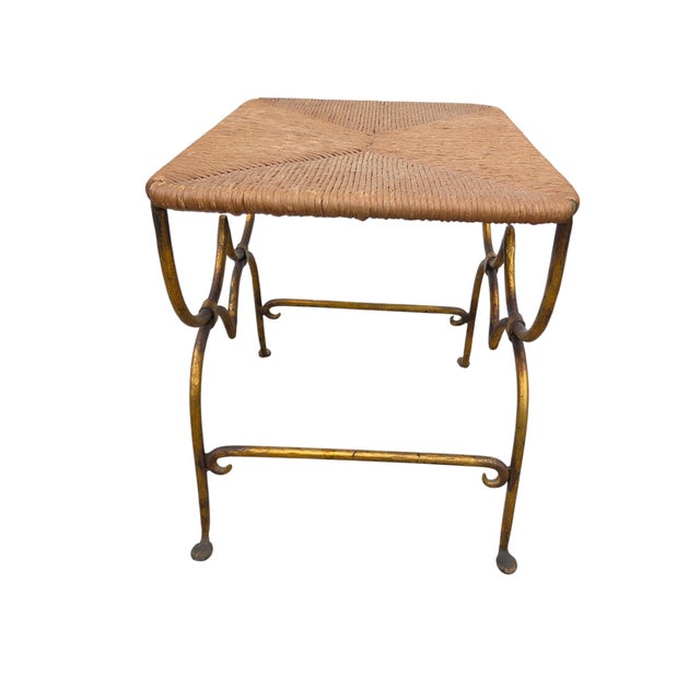 Italian Antique Italian Regency Foot Stool Bench Gold Gilt Wrought Iron Rush Seat For Sale - Image 3 of 12