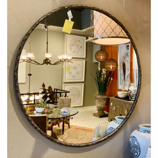Industrial Modern Large Round Hammered Metal Wall Mirror For Sale - Image 4 of 4
