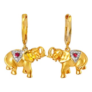 Late 20th Century 14K Yellow Gold Diamond Ruby Elephant Drop Earrings Estate, Pair For Sale
