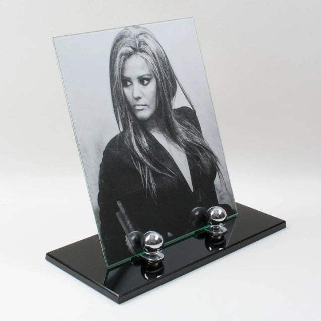 Lovely French Art Deco picture photo frame, featuring a thick black opaline glass plinth complimented with two polished...