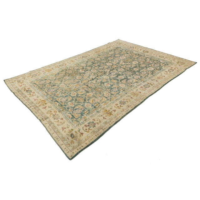 6x9 Antique Agra Style Wool Rug in Muted Sage Green, Ochre, and Ivory For Sale - Image 9 of 11