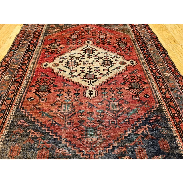 Vintage Persian Hamadan Area Rug, Handwoven Geometric Medallion Pattern, Moss Green & Red, 4’ X 7’ For Sale - Image 4 of 14