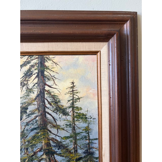 1990s Vintage Signed Original Mountain Landscape Oil Painting on Canvas | Framed Alpine Forest Scene | 31” X 25.5” For Sale - Image 5 of 13