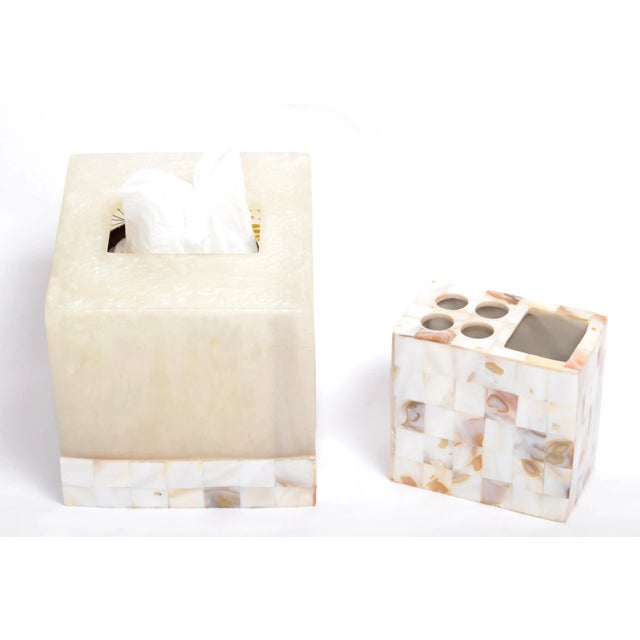 Set, Hollywood Regency 1970s natural Capiz Shell over Resin Toothbrush Holder with matching Tissue Box Cover in Acrylic...