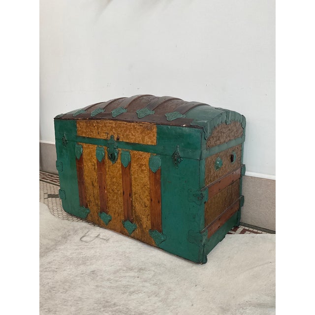 Wood Large Antique Victorian Oak Banded Dome Top Steamer Trunk Chest, Maier For Sale - Image 7 of 16
