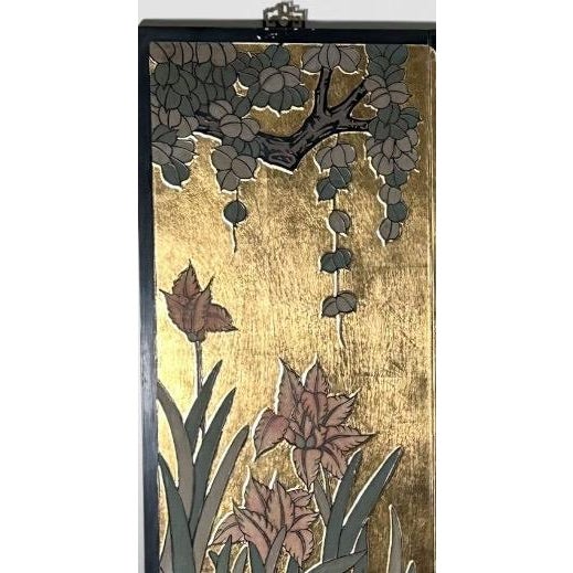 Chinoiserie Vintage Chinese Chinoiserie Gilt Wood Wall Panels Panoramic Wisteria and Iris Floral Scene Set of Four For Sale - Image 3 of 18